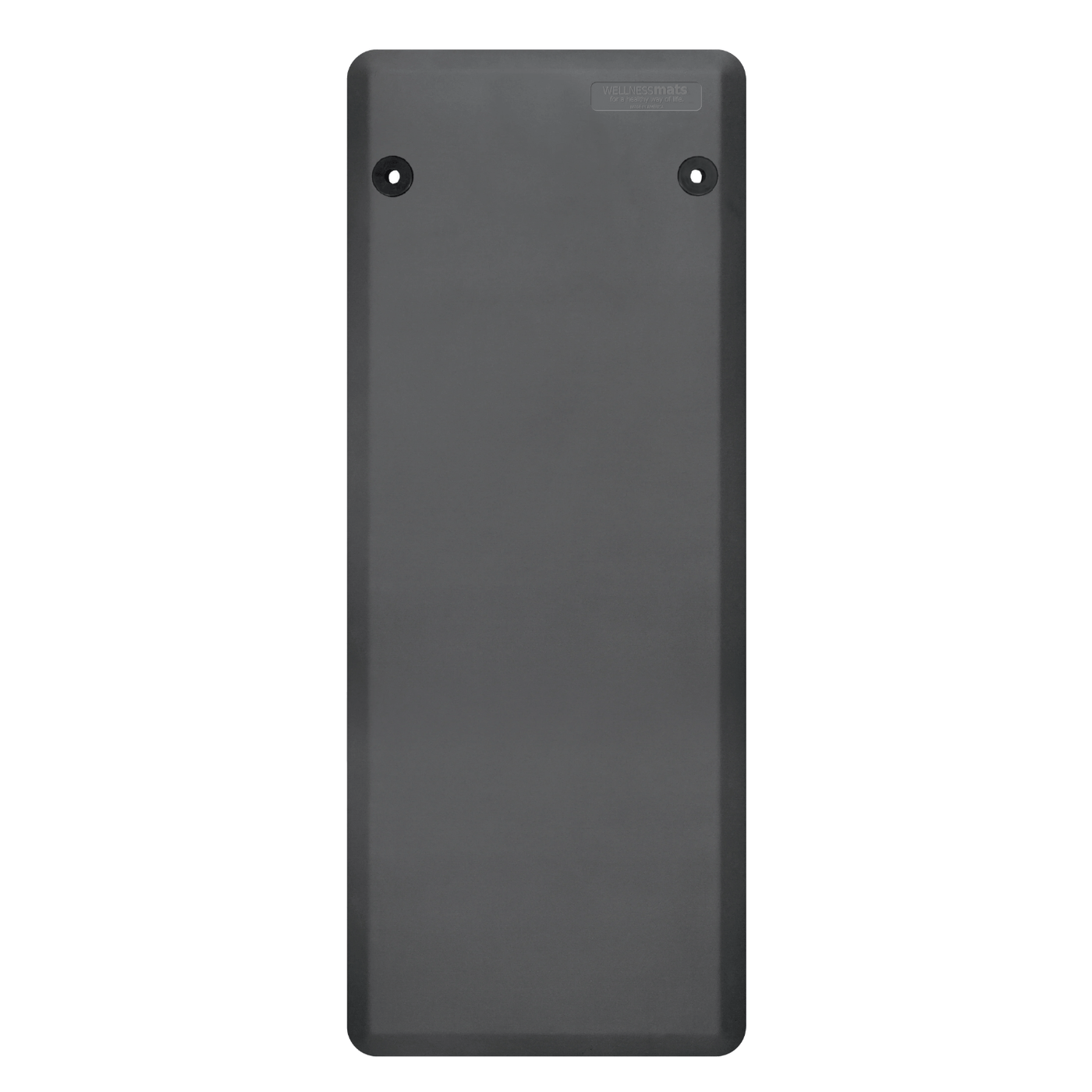 Black rectangular fitness mat with two circular holes called perma rommets on a white background