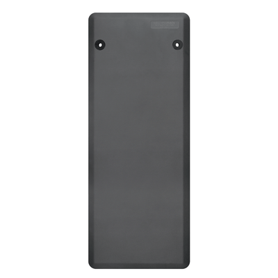 Black rectangular fitness mat with two circular holes called perma rommets on a white background